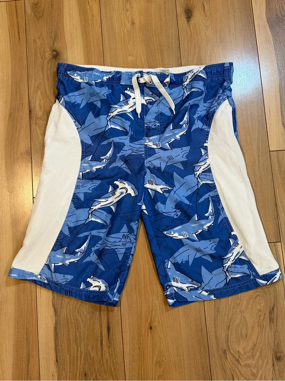 Vintage Wild Planet Men's Blue Shark-Print Swim Trunks with White Side Panels